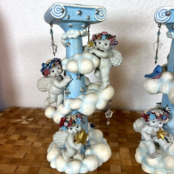 DREAMSICLES 7”Cherubs Candlesticks X2 BY DANBURY MINT Baby Blue w/ Stars Clouds - Picture 3 of 16